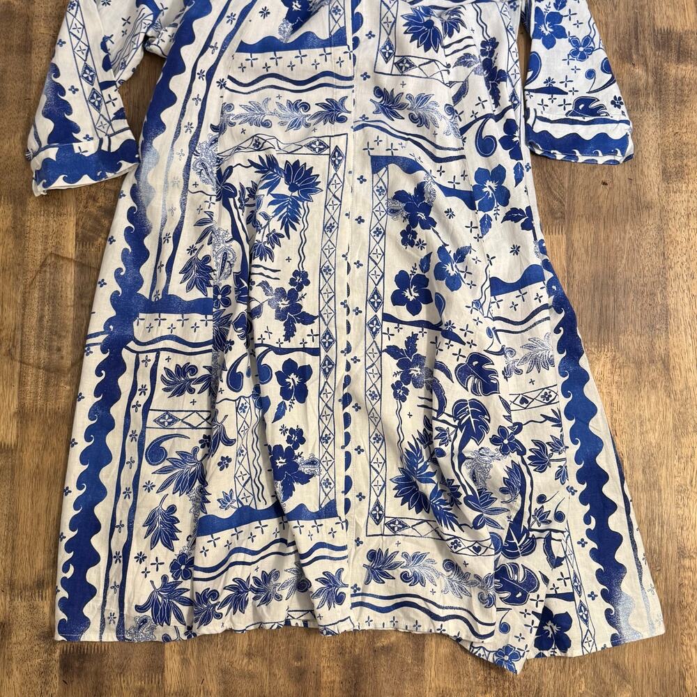 Joie Dress Linen Hawaiian Tropical Hibiscus Resort Beach White Blue Women Medium - Picture 8 of 9